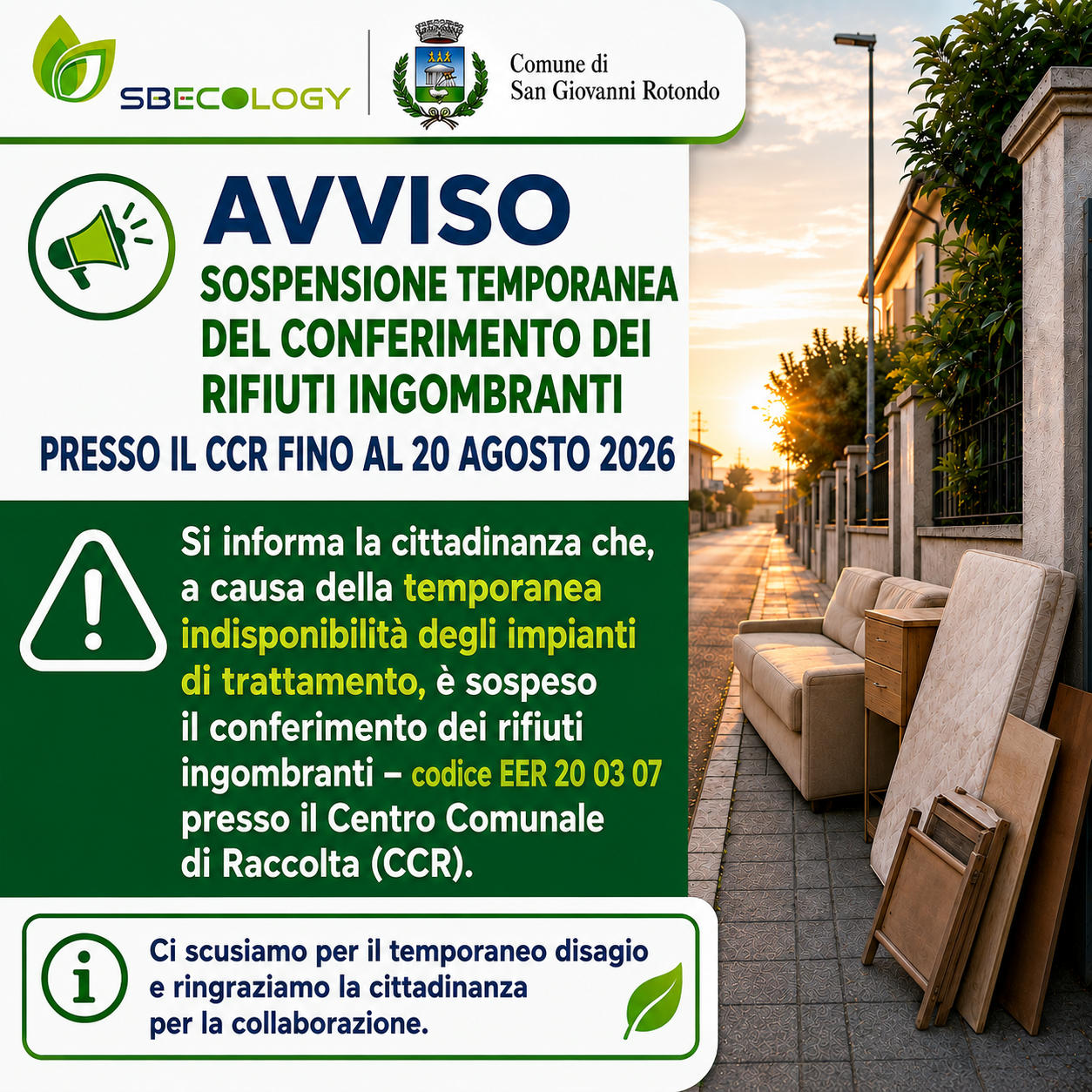 Avviso sospensione temporanea conferimento ingombranti